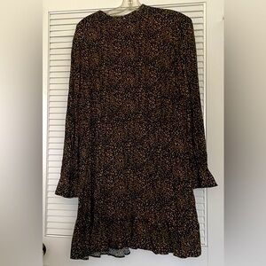 Plus XL Prairie mod calico ruffled long sleeve black dress with gold-tan print